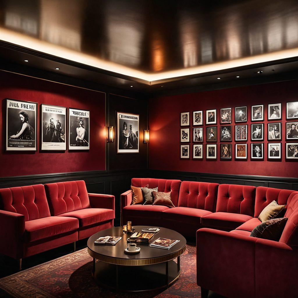 A sleek cinema theater interior, dimly lit with luxurious velvet seating, showcasing film reels and posters from classic adult films. In the foreground, an inviting coffee table with open magazines featuring insightful reviews and discussions. The ambiance should give a sophisticated yet intriguing vibe that communicates the depth of adult cinema's exploration. Soft glowing lights reflect on the walls. super-realistic. warm tones. cinematic style.